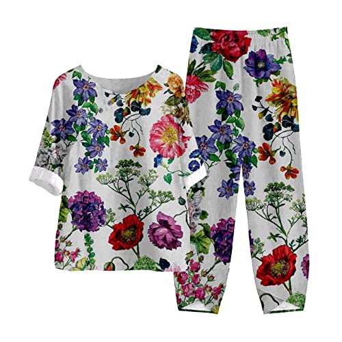 2 Stück Outfits für Frauen Frauen Blumendruck Elastische Taille Knopf Up Top und Hose Zweiteiliges Set Damen Elegante Hosen Anzüge, M, 54 von hahuha