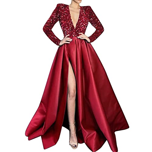 Ballkleider Damen 2022 New Feminine One Shoulder Langarm Perlen V-Ausschnitt Große Swing Pailletten Split Langes Kleid Abendkleid von hahuha