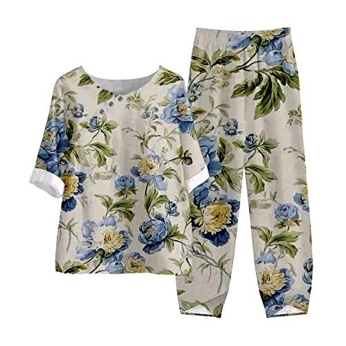 Damen Hosenanzüge Frauen Blumendruck Elastische Taille Knopf Up Top und Hose Zweiteiliges Set Damen Urlaub Outfits, P, 50 von hahuha