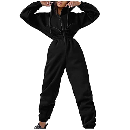 Damen Overall Lang Mädchen Dünne Langarm Slim Taille Casual Hoodie Reißverschluss Kordelzug Jacke Oberbekleidung Herbst Winter Trainingsanzug Motion Sweatshirt Overall von hahuha