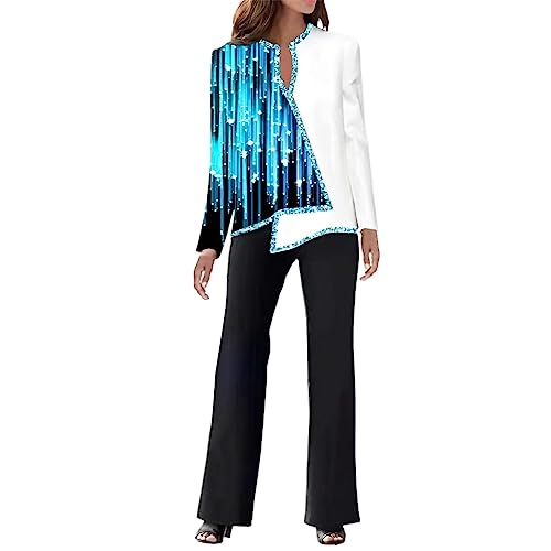 Elegant Hosenanzug Damen Damen Casual Zweiteiler 3D-Druck Outfit Langarm V-Ausschnitt Unregelmäßiges Hemd Lange Hosen Business Anzug Set (Blue, XL) von hahuha