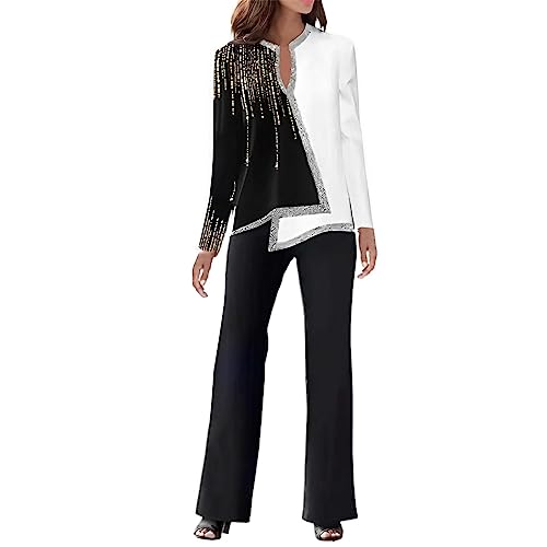 Elegant Hosenanzug Damen Damen Casual Zweiteiler 3D-Druck Outfit Langarm V-Ausschnitt Unregelmäßiges Hemd Lange Hosen Business Anzug Set (Silver, L) von hahuha
