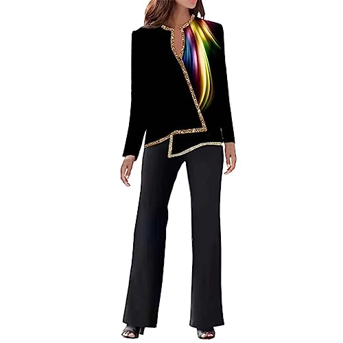 Elegant Hosenanzug Damen Damen Casual Zweiteiler 3D-Druck Outfit Langarm V-Ausschnitt Unregelmäßiges Hemd Lange Hosen Business Anzug Set (Yellow, M) von hahuha