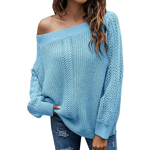 Feinstrickpullover Damen Damen-Strickpullover mit Langen Ärmeln, einfarbig, Lockerem V-Ausschnitt und Ärmeln Kaschmir Oberteil Sweatshirt Damen Pulli (Blue-A, M) von hahuha