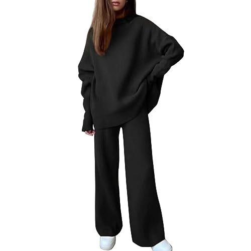 Hosenanzüge für Damen Damen-Strick-Set, einfarbig, hoher Kragen, entspanntes und lässiges Zweiteiler-Set mit langen Ärmeln und Hosen Elegante Hosenanzüge Für Damen Casual Loungewear (Black, L) von hahuha