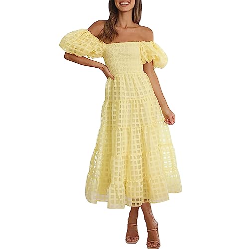 Kleider für Damen, lässig, bestickt, Maxikleid, Blumenmuster, fließend, quadratischer Ausschnitt, Kleider mit Puffärmeln für den Sommer, Baumwoll-Sommerkleider für Damen, gelb, Small von hahuha