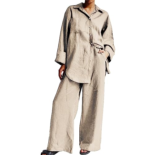 Kleidung Damen 2-teiliges Baumwoll-Leinen-Outfit für Damen, Sommer-elegante Business-Arbeitsanzüge, Streetwear, Button-Down-Tops und Hosenanzug Damen Outfit Set Casual Loungewear Streetwear (Beige, S) von hahuha