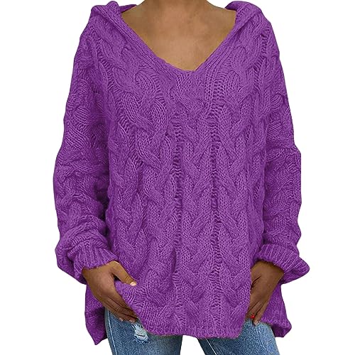 Pullover Damen Grobstrick Frauen Mode Lose Große Größe Einfarbig Kapuze Lange Ärmel Pullover Tops Sweatshirt Damen Pulli (Purple-A, XL) von hahuha