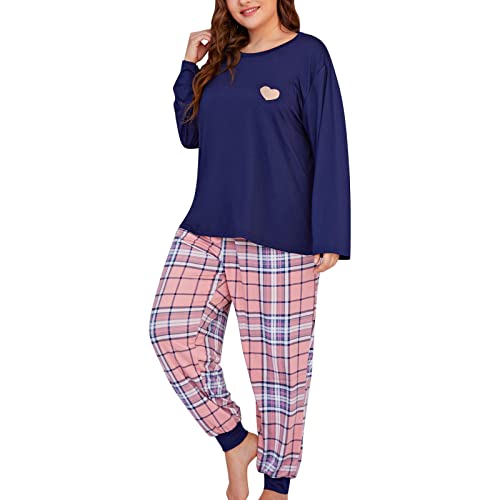 hahuha 100 Baumwolle Pyjamas Frauen Frauen Plus Größe Grid Print Loungewear Lange Hosen Zwei Stück Set Flanell Set, navy, 46 von hahuha