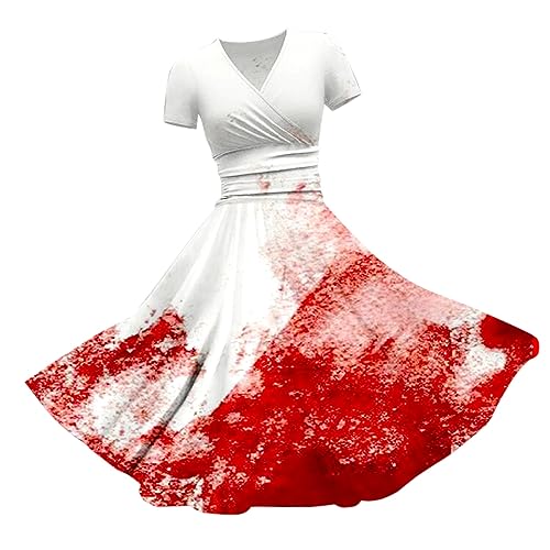 hahuha Ballkleider Damen Damen-Halloween-Kleid mit blutigem Aufdruck, lässig, Party, Rundhalsausschnitt, sexy, ärmellos Damen Cocktail Kleid (Watermelon Red-a, L) von hahuha