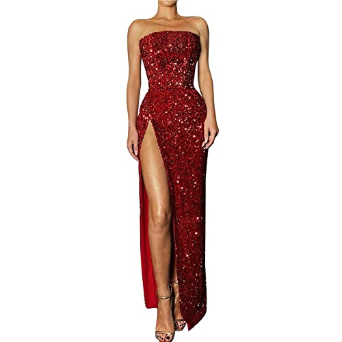 hahuha Damen Abendkleid Damen Trägerloses Schlitz Sexy Pailletten Abendkleid Kleid von hahuha