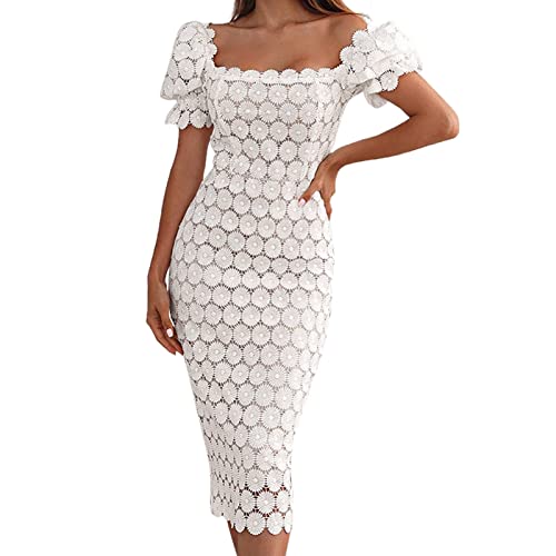 hahuha Damen Cocktail Kleid Spitzenkleid Elegant Kurzarm Strick Business Damen OL Kleid Party Midikleid von hahuha