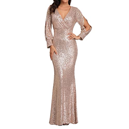 hahuha Damen Formal Party Kleid Damen Fischschwanz Abendkleider Bestickt Ärmellos V-Ausschnitt Hochzeit Brautjungfer Abend Langes Kleid Bodenlangen Bandage Prom Ballkleider, gold, L von hahuha