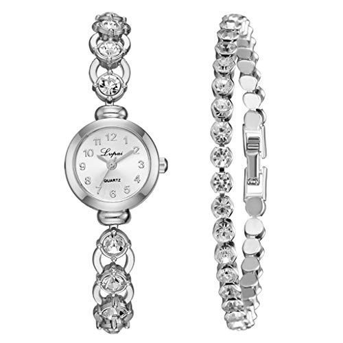 hahuha Einfache Armband Streifen Stahl Diamant Uhr 2 teile/satz Luxus Mode Volle Uhr Set Analoge Uhr, silber, Einheitsgröße, Armband von hahuha