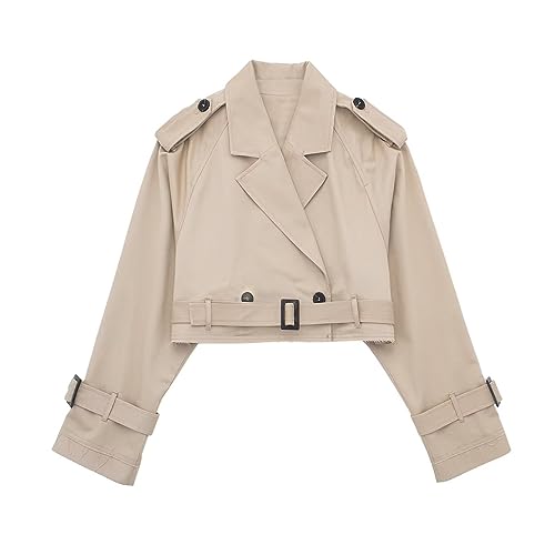 hahuha Jacken Damen Frühling und Herbst Freizeit Langarm Slim Fit mit Gürtel Academy Style Kurzer Windjacke Mantel Outdoorjacke Damen Trenchcoat (Khaki, S) von hahuha