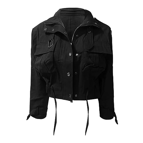 hahuha Mantel Damen Mit Großem Kragen Damen-Frühling/Sommer, lässig, locker sitzend, kurzärmelig, Reverskragen, einfarbig, Taschenarbeitsjacke, Jacke Wintermantel Damen (Black, XL) von hahuha