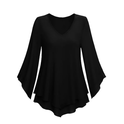 hahuha Modisches Chiffon-Oberteil mit Knopfleiste, Damen, doppelt plissiert, Dreiviertelglockenärmel, Tunika, Top, Chiffon-Bluse, N Shirt, Schwarz , 48 hahuha Modisches Chiffon-Oberteil mit Knopfleiste, Damen, doppelt plissiert, Dreiviertelglockenärmel, Tunika, Top, Chiffon-Bluse, N Shirt, Schwarz , 48 von hahuha