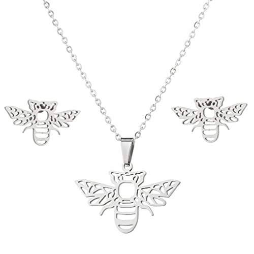 hahuha Schmuckset Edelstahl Schmuck Hohl Niedlich Biene Anhänger Halskette Ohrring Set Brautschmuck Set für Hochzeit, B, Einheitsgröße von hahuha