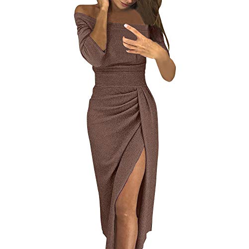 hahuha Sommerkleider für Frauen Frauen Schulterfrei Hoher Schlitz Bodycon Kleid Langarm Kleider, coffee, XX-Large von hahuha