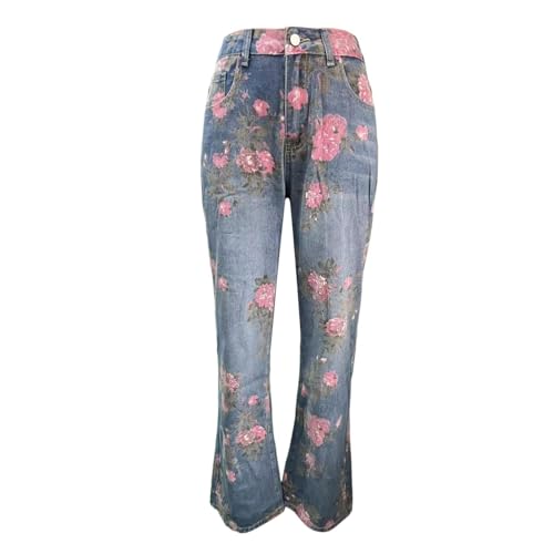 hahuha UK Damen Stretch Fit Casual Business Jeans Damen Mid Waist Button Up Blumendruck Jeans Mode Freizeithose Frauen Hosen, blau, S von hahuha
