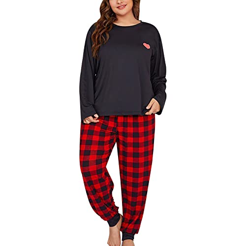 hahuha Weiches, süßes Damen-Pyjama-Set, Übergröße, Gitterdruck, Loungewear, lange Hose, 2er-Set, Damen-Pyjama-Set, Schwarz , 5XL von hahuha
