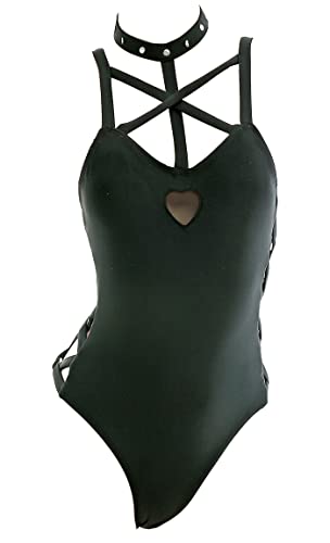 haikyuu Damen Einteiler Badeanzug Gothic Goth Badeanzüge Sexy Neckholder Hollow Bademode Monokini Cutout, Halter schwarz, Medium von haikyuu