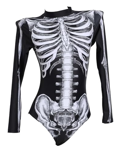 haikyuu Einteiliger Damen-Badeanzug, Skelett, langärmelig, Totenkopf-Body, Bademode, Gothic-Badeanzug, Schwarz, XL von haikyuu