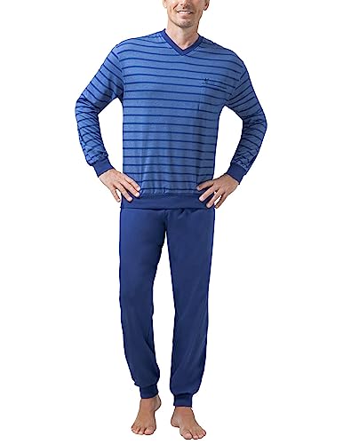 hajo Herren Schlafanzug Set - lang, Bündchen, V-Neck, Klima-Light, Cotton-Mix Blau 3XL von hajo