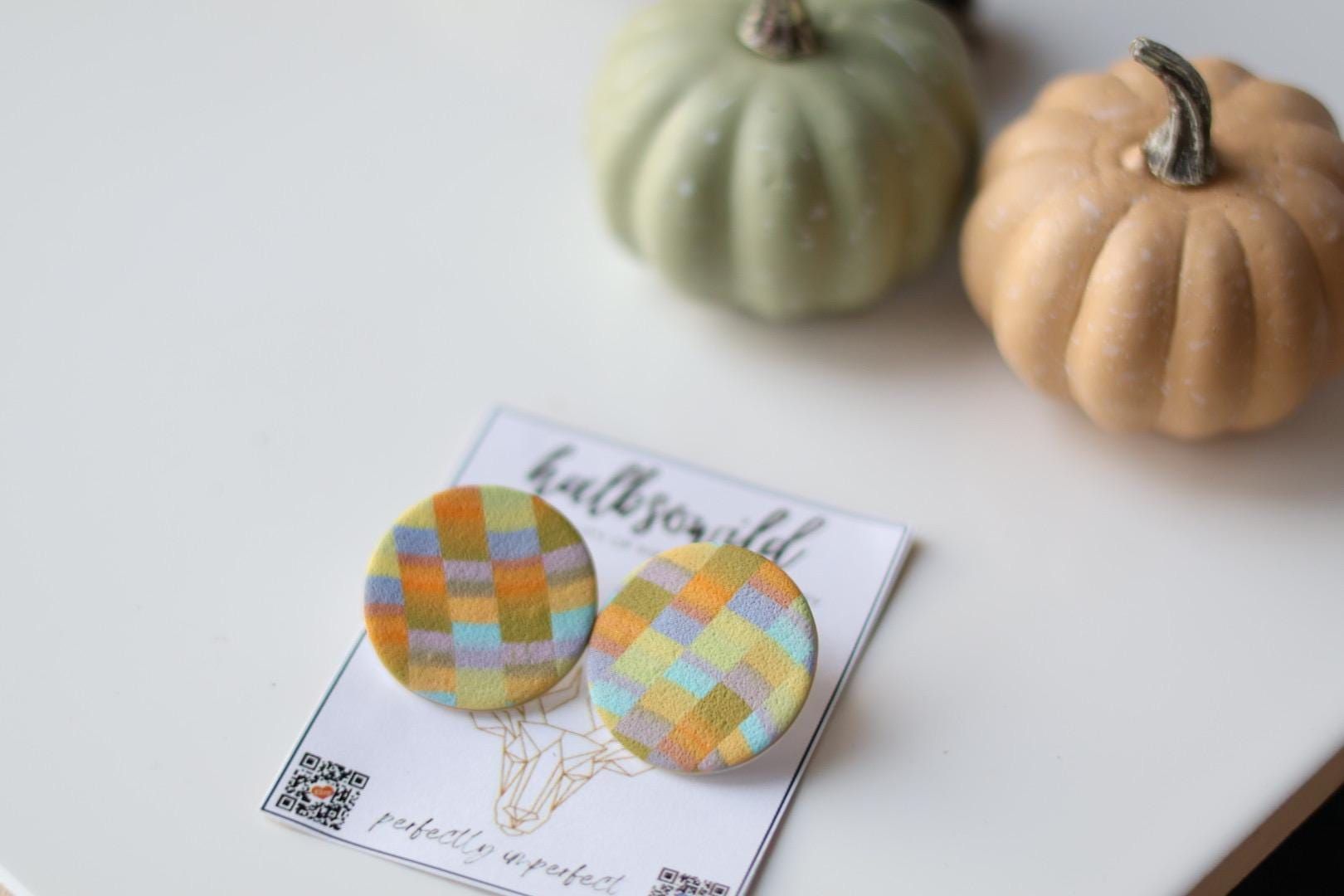 Bunte Herbst Patchwork Ohrstecker, Große Und Kleine Orange Grüne Ohrringe, Ohrringe Mit Muster, Geschenk Für Freundin, Statement von halbsowild