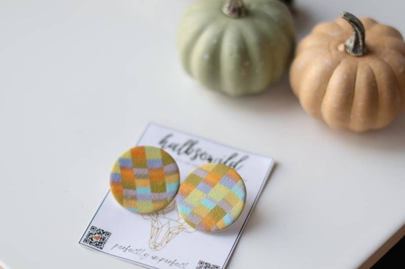 Bunte Herbst Patchwork Ohrstecker, Große Und Kleine Orange Grüne Ohrringe, Ohrringe Mit Muster, Geschenk Für Freundin, Statement von halbsowild