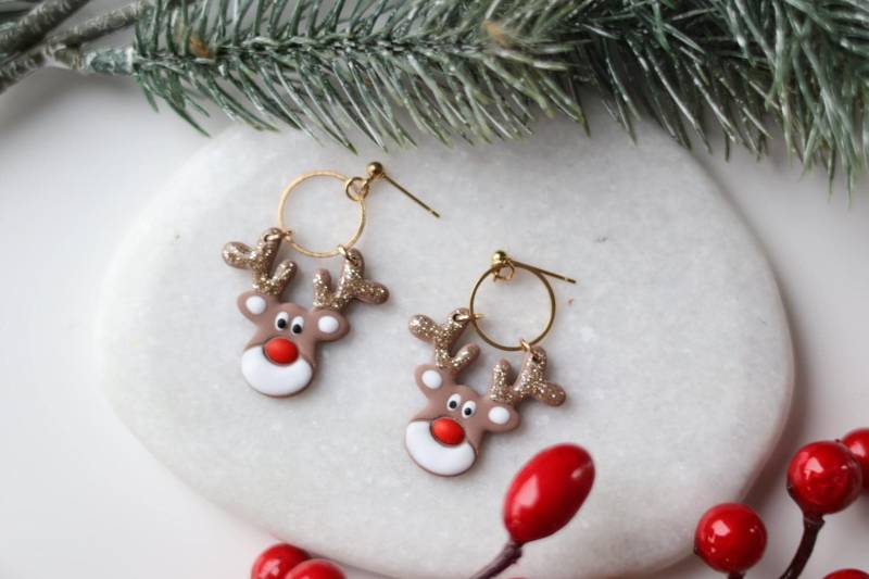 Rentier Ohrringe, Weihnachtsgeschenk, Geschenk, Weihnachtliche Rudolf Schmuck Weihnachten, Handgefertigte Ohrringe Fimo von halbsowild
