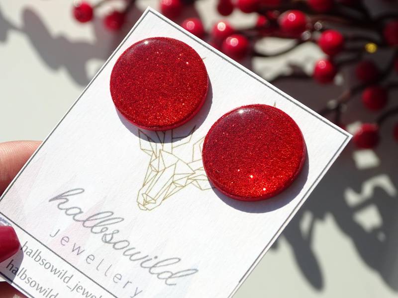Rote Ohrstecker, Glitzernde Rote Ohrringe, Funkelnde Gewchenk Für Freundin, Große Runde Kleine Polymer von halbsowild