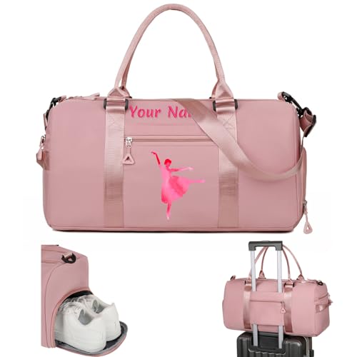 Personalisierte Bestickte Seesack, Benutzerdefinierte Sport Turnbeutel mit Namen für Mann Frauen, Mädchen Tanz Tasche Reisetasche Wochenendpaket - mit Schultergurt & Wet Dry Taschen & Schuhfach - Rosa von half-acre square pond