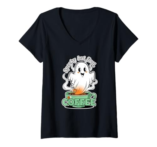 Damen Gruseliger Aber erster Kaffee Ghost Barista T-Shirt mit V-Ausschnitt Damen Gruseliger Aber erster Kaffee Ghost Barista T-Shirt mit V-Ausschnitt von halloween coffee spooky morning ghost brew spooky