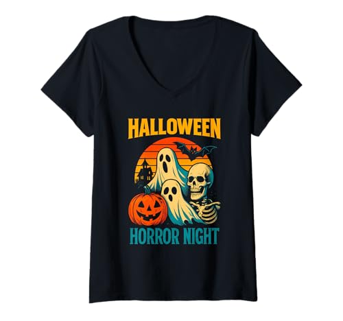 Damen Halloween Kürbis Wagen Retro T-Shirt mit V-Ausschnitt Damen Halloween Kürbis Wagen Retro T-Shirt mit V-Ausschnitt von halloween pumpkin cart moon autumn halloween