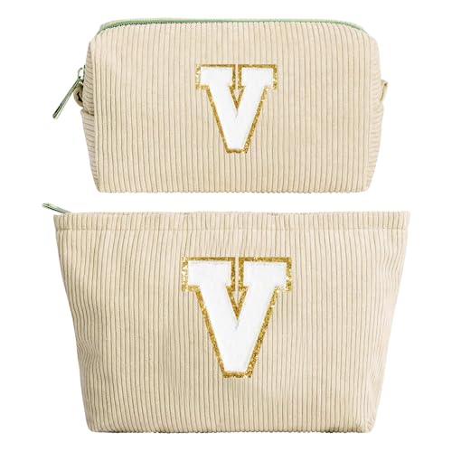 2 Stück Initialen Make-up-Tasche, Cord-Kosmetiktasche Organizer, Reise Kulturbeutel Schminktasche Damen, Weihnachten Geburtstag Geschenk für Frauen Mädchen Beste Freundinnen Brautjungfern Beige(V) von hamatata