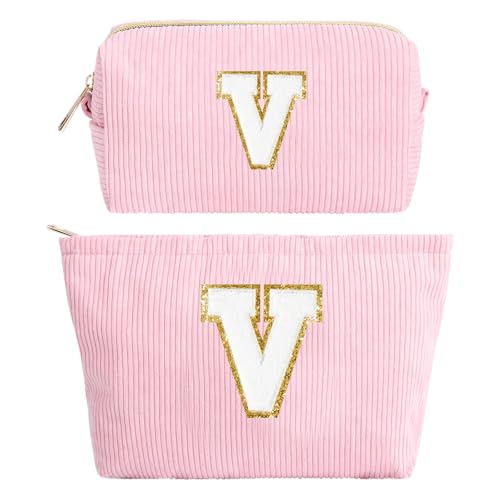2 Stück Initialen Make-up-Tasche, Cord-Kosmetiktasche Organizer, Reise Kulturbeutel Schminktasche Damen, Weihnachten Geburtstag Geschenk für Frauen Mädchen Beste Freundinnen Brautjungfern Rosa(V) von hamatata