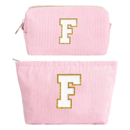2 Stück Initialen Make-up-Tasche, Cord-Kosmetiktasche Organizer, Reise Kulturbeutel mit Reißverschluss, Tragbare Schminktasche Damen, Geschenke für Frauen Freundinnen Braut Brautjungfern(Rosa F) von hamatata