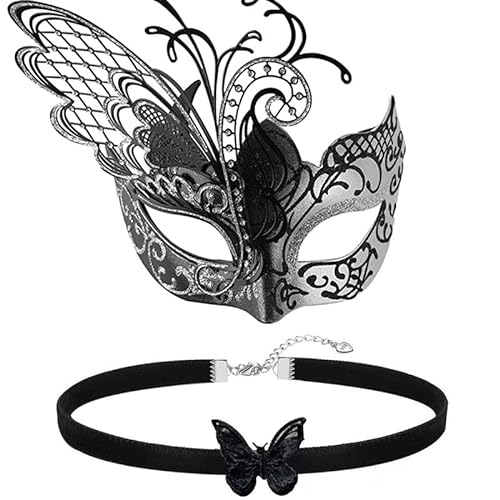 Ruisy Halloween Schmetterling Metall Venezianische Maske Set mit Choker Gothic Spitze Halsband Halskette geeignet für sexy Kostümball, Maskerade, Karnevalsparty, Weihnachten von hanaiette