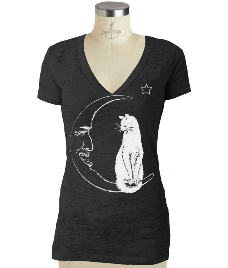 Cat Moon V Halsshirt Mond Damen Burnout Ausschnitt T-Shirt S M L Xl von handjobdesign
