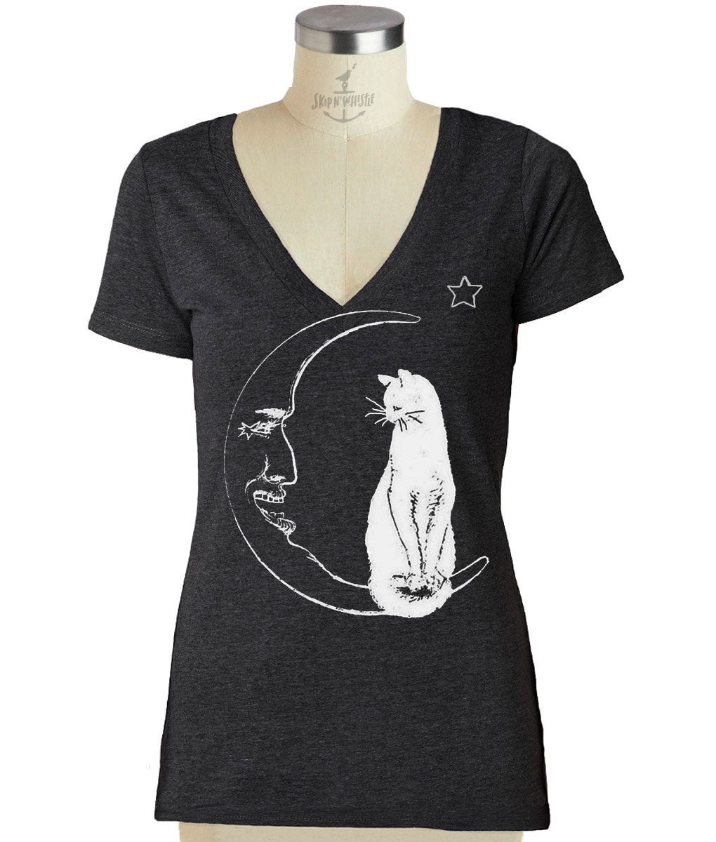 Cat Moon V Neck T-Shirt Damen Tri Blend Stoff Tshirt von handjobdesign