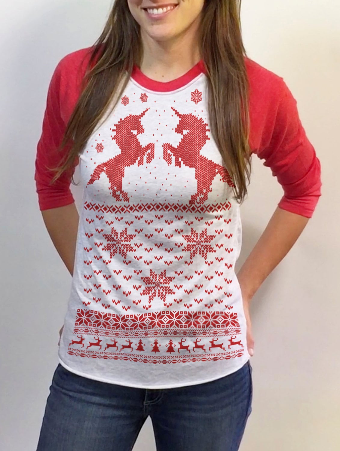 Christmas Baseball Shirt - Einhorn Shirt Damen Weihnachtspullover Design 3/4 Ärmel Raglan Sm Med Lg Xl Xxl Rot Royalblau Und Kelly Grün von handjobdesign