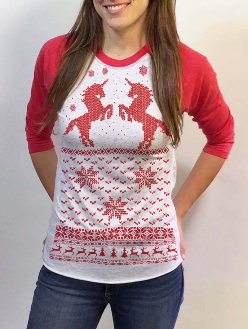 Christmas Baseball Shirt - Einhorn Shirt Damen Weihnachtspullover Design 3/4 Ärmel Raglan Sm Med Lg Xl Xxl Rot Royalblau Und Kelly Grün von handjobdesign
