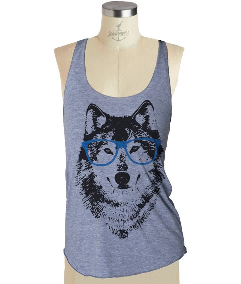 Damen Wolf Brille Shirt Tank Top - Tri-Blend Racerback Frau S M L Xl | 8 Farboptionen Skip N Whistle von handjobdesign