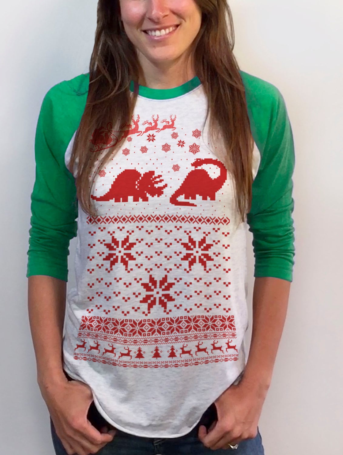 Dinosaurier Weihnachtspullover Baseball T-Shirt - Damen Gestricktes Design 3/4 Ärmel Raglan Sm Med Lg Xl Xxl Rot Royalblau Und Kelly Grün von handjobdesign