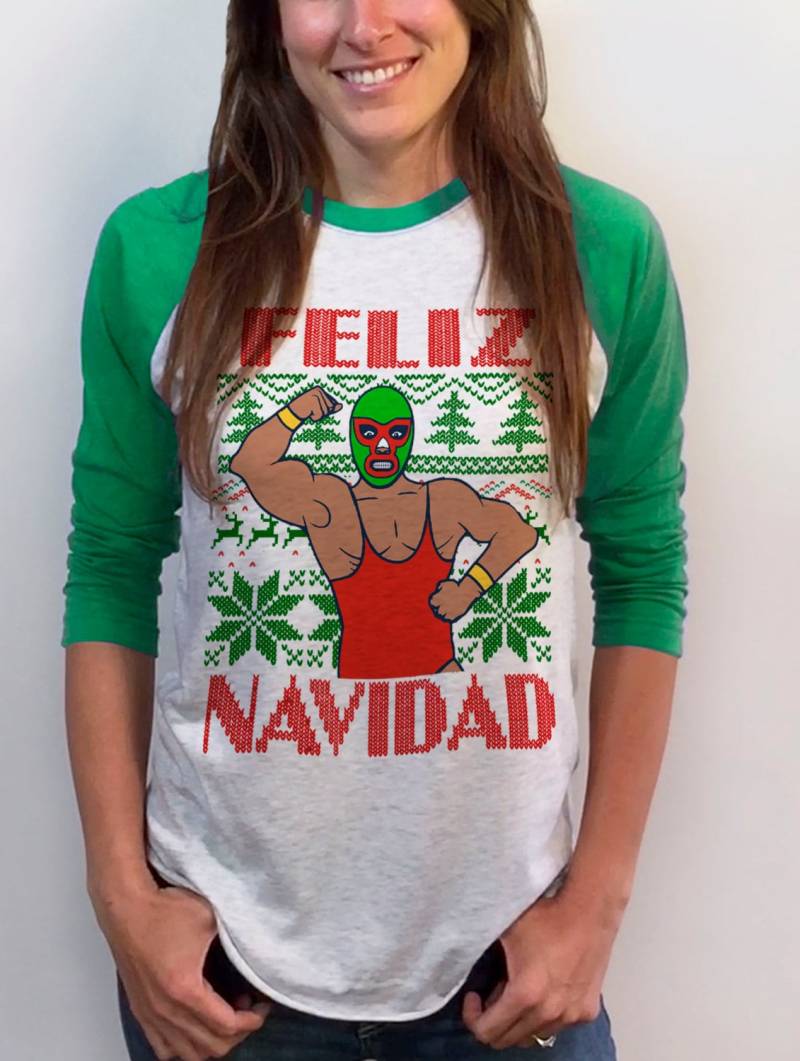 Feliz Navidad Baseball-T-Shirt - Weihnachtspullover Für Frauen 3/4 Ärmel Raglan Sm Med Lg Xl Xxl Rot Royal Blau Und Kelly Grün von handjobdesign