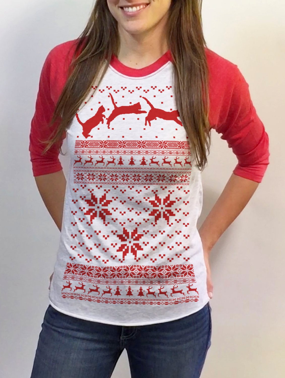 Katzen Weihnachtspullover - Baseball Shirt Damen Design 3/4 Ärmel Raglan Sm Med Lg Xl Xxl Rot Royalblau Und Kelly Grün von handjobdesign