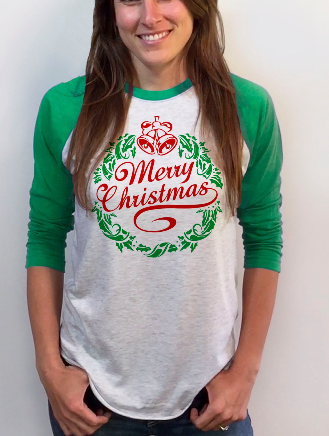 Merry Christmas Baseball Shirt - Damen Weihnachten Design 3/4 Ärmel Raglan Sm Med Lg Xl Xxl Rot Royalblau Und Kelly Grün von handjobdesign