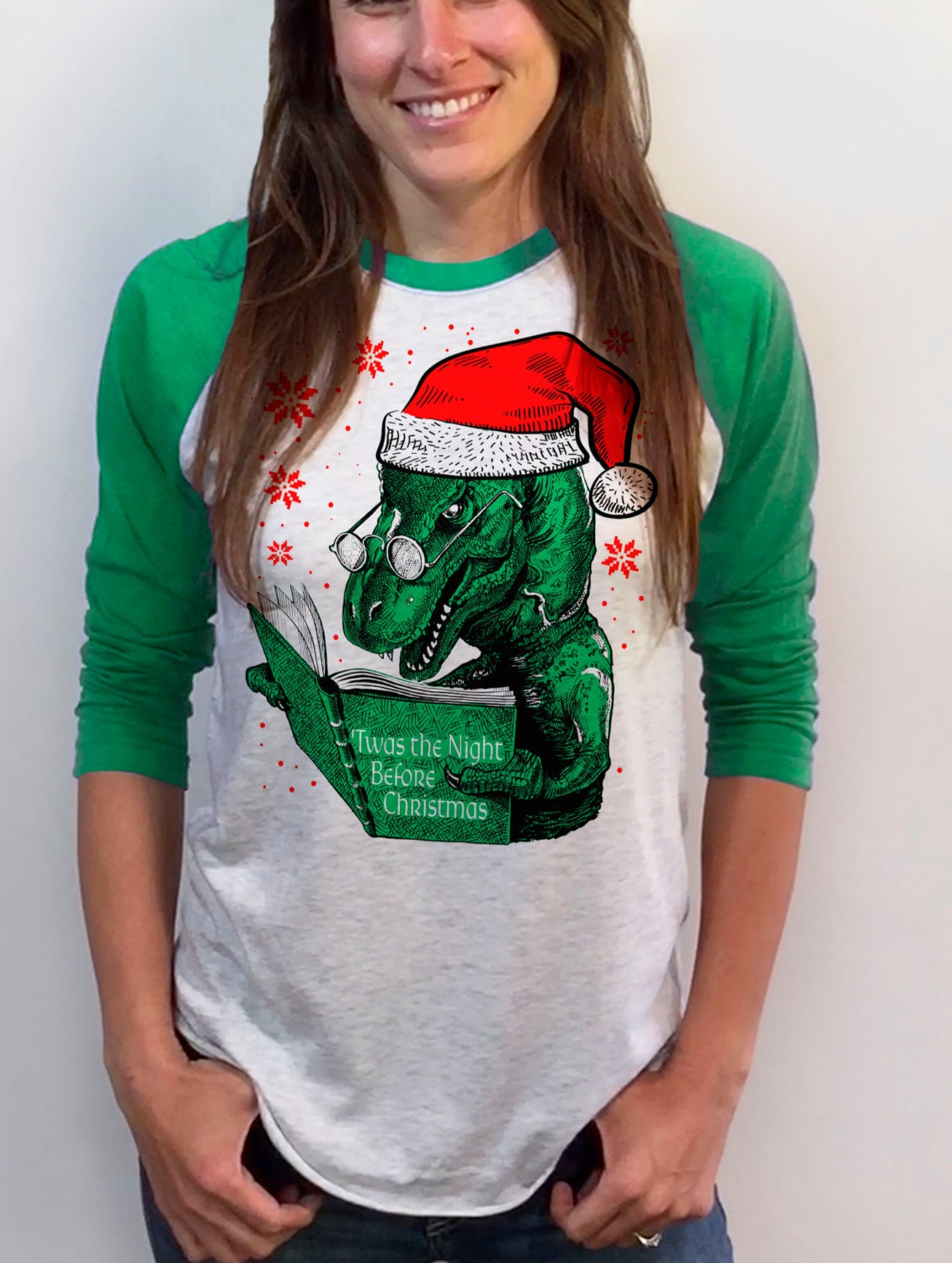 Night Before Christmas - Damen Weihnachtspullover Dino Design 3/4 Ärmel Raglan Sm Med Lg Xl Xxl Rot Royalblau Und Kelly Grün von handjobdesign