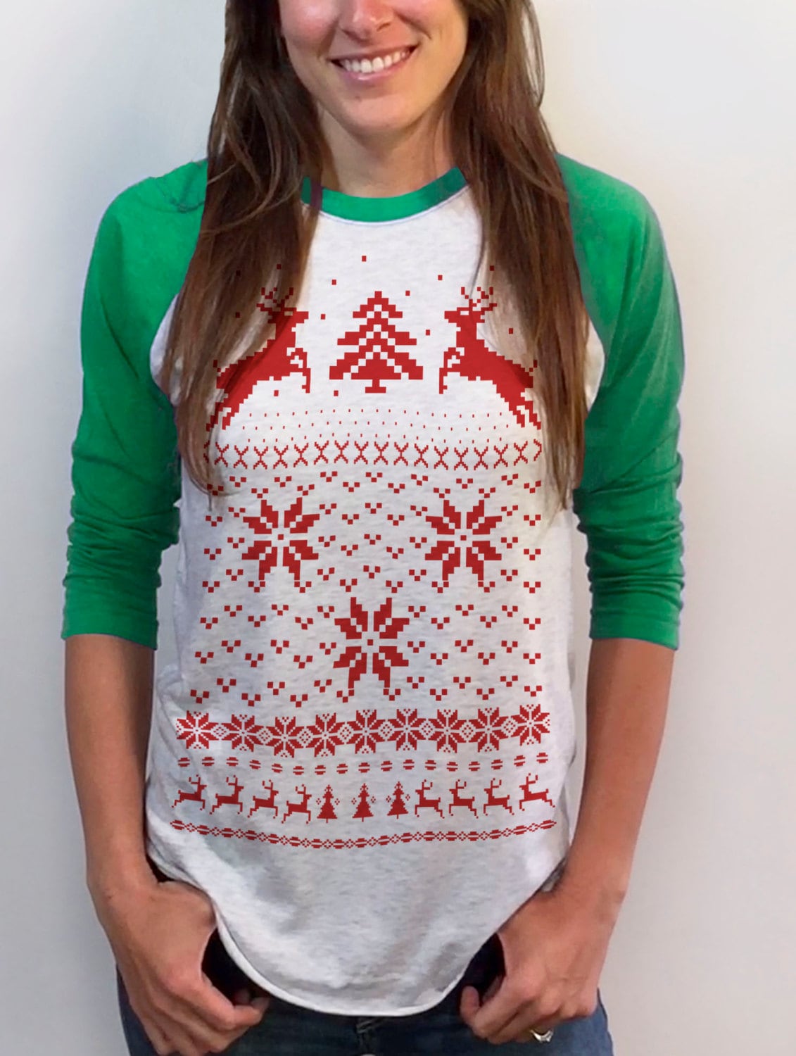 Weihnachten Baseball Shirt - Rentier Shirt Damen Pullover Design 3/4 Arm Raglan Sm Med Lg Xl Xxl Rot Royalblau Und Kelly Grün von handjobdesign